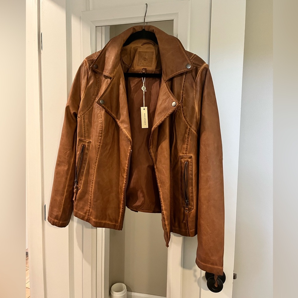 Max Studio Brown faux Leather Moto Jacket Asymmetrical Design